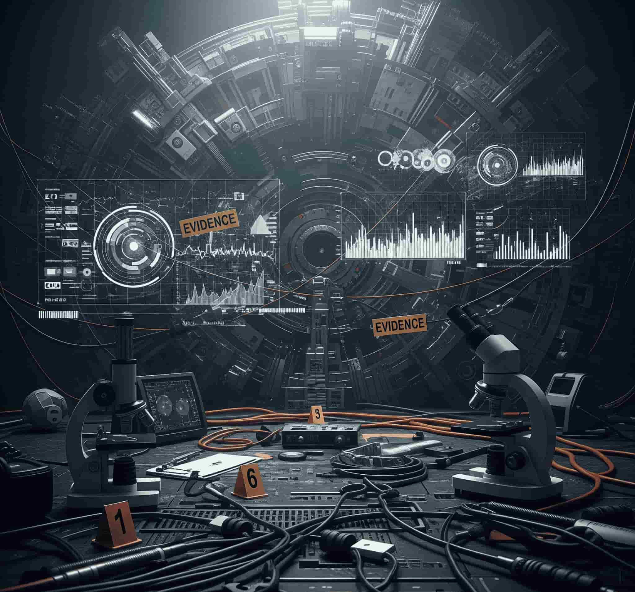 High-tech forensic investigation lab with microscopes and digital analysis equipment