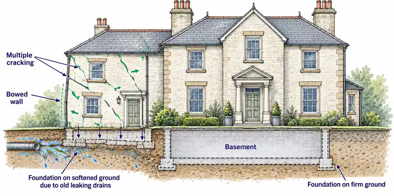 Illustrative cracking patterns and contrasting foundation conditions.