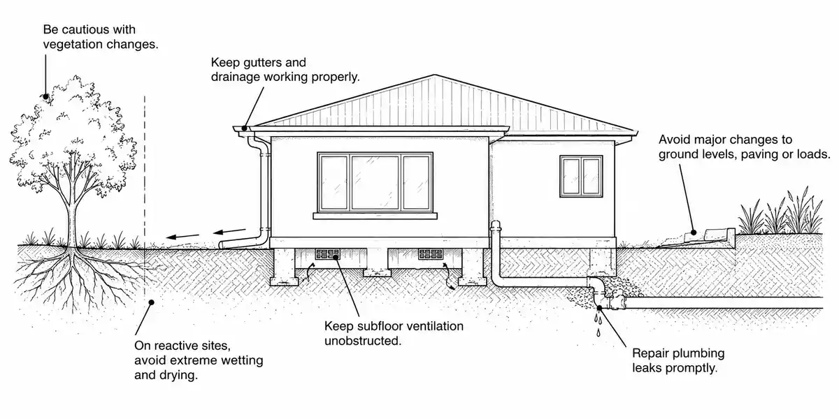 Illustration of drainage, vegetation and maintenance around a house.