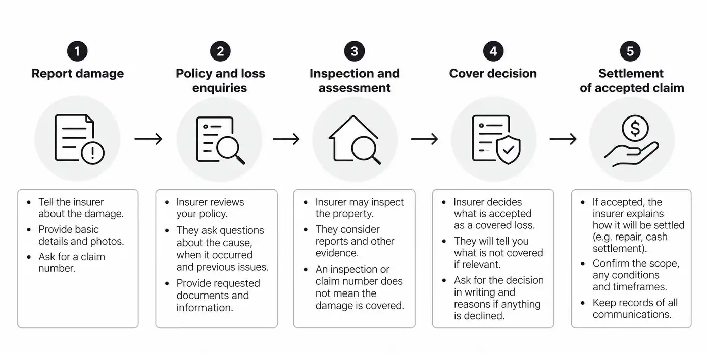 Five stages of a home building insurance claim, from reporting damage to settlement.