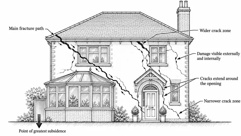 Illustration of connected cracking patterns around a house and its openings.