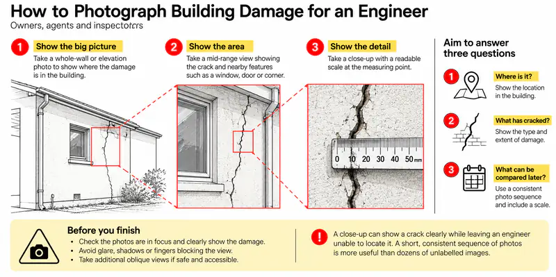 Recording building damage with context, mid-range and close-up views.