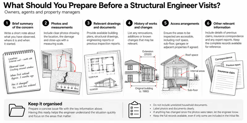Information to prepare before a structural engineer visits.