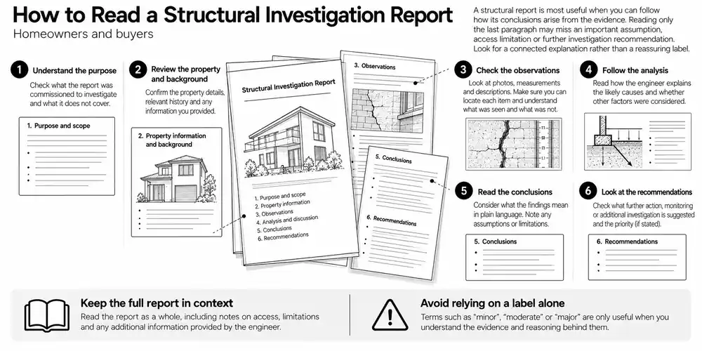 Steps for reading the scope, evidence and findings of a structural report.