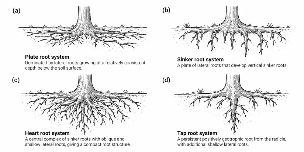 Illustration comparing plate, sinker, heart and tap root systems.