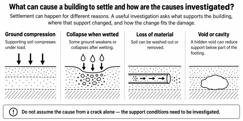 Illustration of a building, its foundations and possible settlement influences.